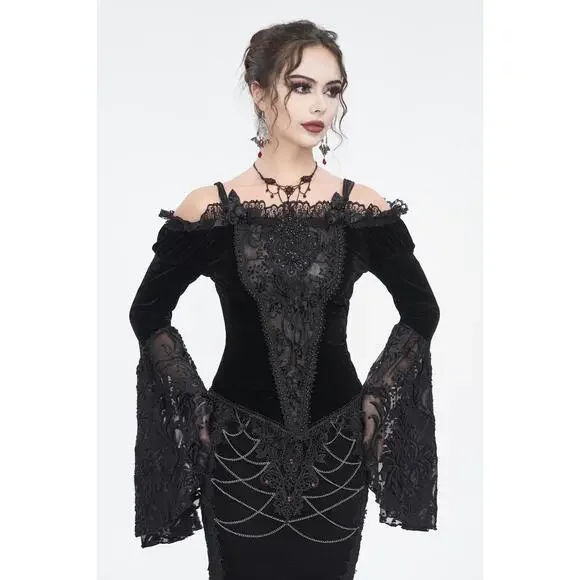 Devil Fashion Gothic Victorian Vampire Black Velvet Beaded Rose & Lace Top - Picture 14 of 16